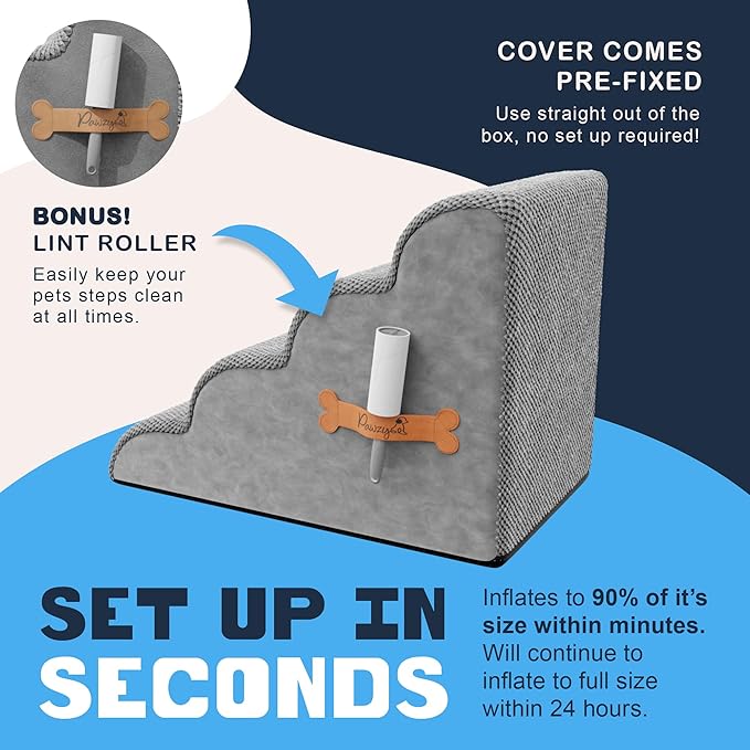 PAWZY Foam Pet Stairs for Bed, Couch or Window PREFIXED Cover - Wide Steps for Bed, Waterproof, Non-Slip Base - 4 Tier Ramp Dog Stairs for Small Dogs, Puppies, Cats - (Gray, 4 Step, 1)