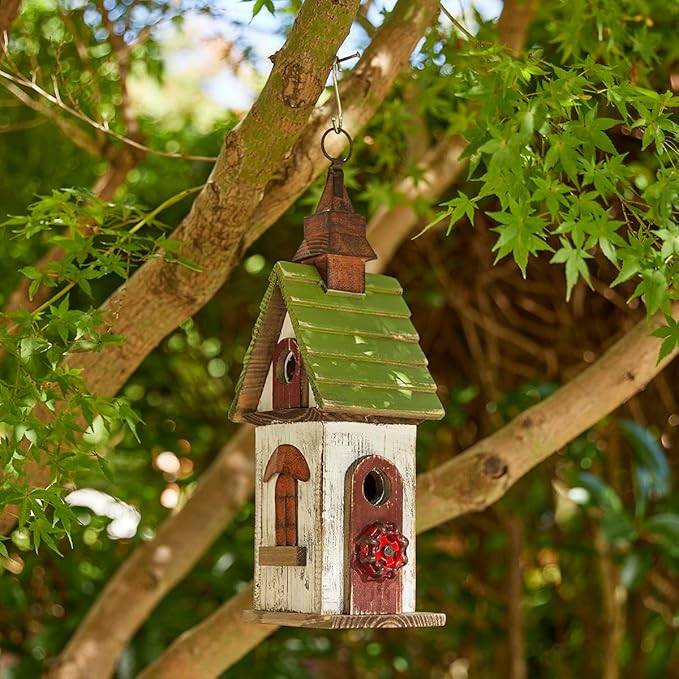 Glitzhome Bird Houses for Outside, Bluebird Houses for Outdoors,15.75"H Solid Wood Birdhouse Distressed Cottage Decorative Hanging Outdoor Garden Bird House for Wren Sparrow Hummingbird Finch Cardinal