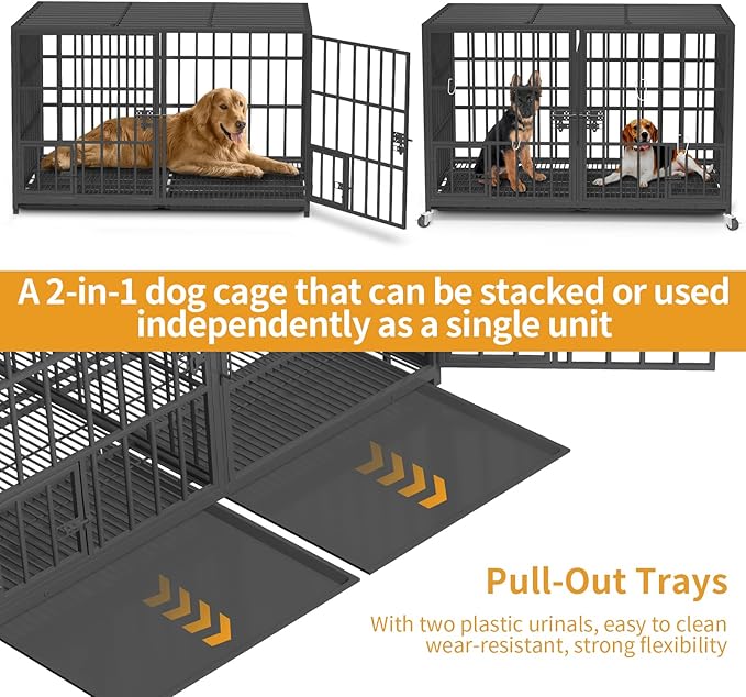 42 inch Stackable Heavy Duty Dog Crate with Open Top,Metal Double Dog Cage for 4 Dogs/Medium Dog,Dog Kennel Indoor with Wheels,Removable Trays, Divider