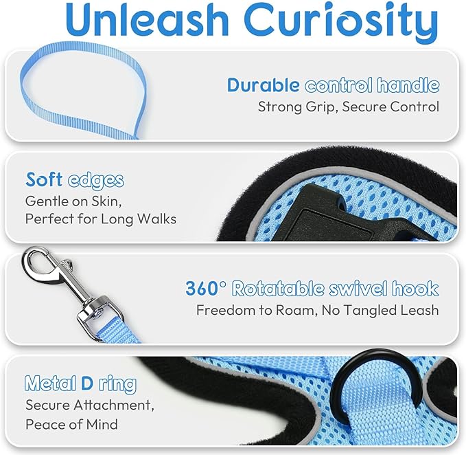 Dooradar Cat Harness and Leash Set, Escape Proof Safe Adjustable Kitten Vest Harnesses for Walking, Easy Control Soft Breathable Mesh Jacket with Reflective Strips for Cats, Light Blue, S