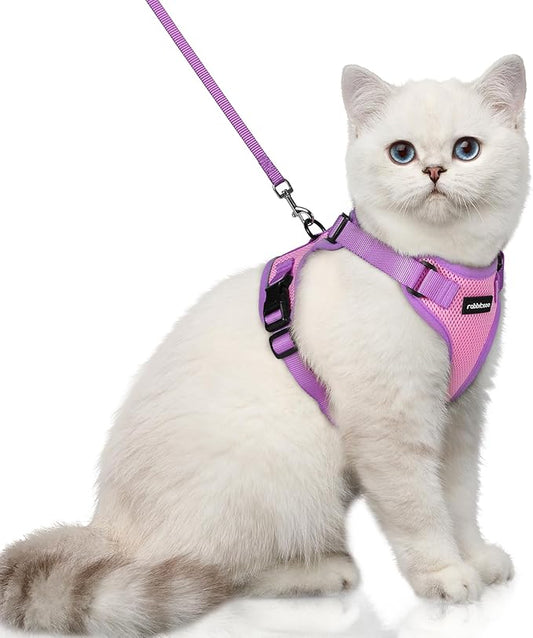 rabbitgoo Cat Harness and Leash Set, Escape Proof Soft Adjustable Vest Harnesses for Outdoor Walking, Easy Control Breathable Kitten Jacket with Reflective Strips, Pink & Purple, XS
