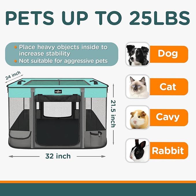 Foldable Pet Kitten Playpen, Waterproof Portable Cat Dog Playpen Kennel Tent for Small Dog Cat, Retractable Shade Cover, Come with Free Carrying Case, Indoor Outdoor Use for Small Animals, BlackTeal