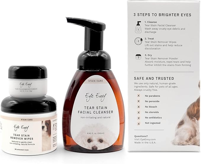 Eye Envy 3 Step Tear Stain Remover Kit for Dogs | Clean, Stain-Free Eyes in 7 Days | Contains: Cleanser 8.45 fl.oz, Wipes 60 Count and Powder 0.5oz | Non-irritating and Natural