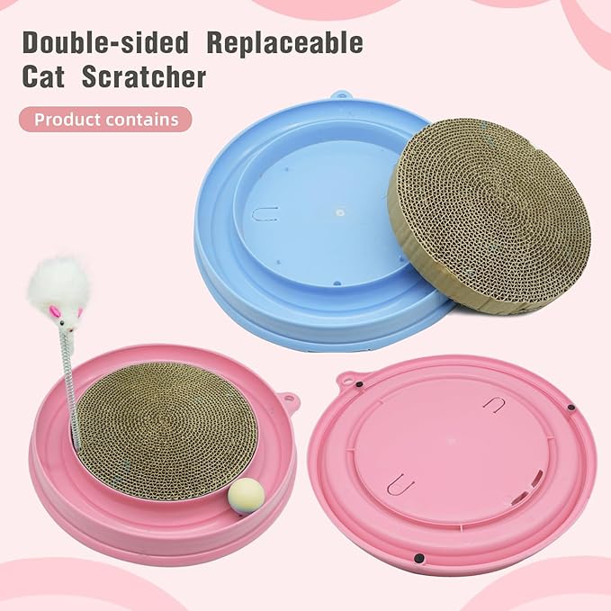 Interactive Cat Scratcher Toy, Round Plastic Scratching Pad with Ball Track & Mouse, Engaging Puzzle for Indoor Adult Cats and Kittens-Pink