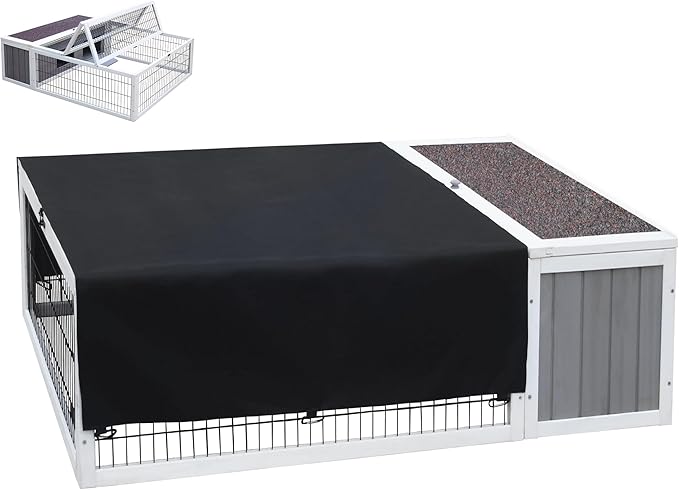 Tortoise House Habitat Wooden with Waterproof Cover, Chicken Coop with Run Rabbit Hutch Small Animal Hutch Enclosure Indoor/Outdoor-Grey + White Trim