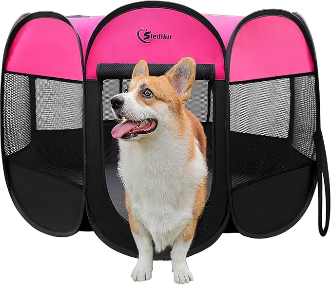 Dog Playpen, Puppy Pet Playpens Indoor for Small Dogs Tent Crates Cage Indoor/Outdoor, Portable Pop Up Dog Kennel Playpen with Carrying Case for Dogs/Cats/Rabbits, Removable Zipper Top, Hot Pink