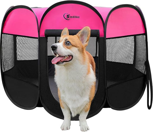 Dog Playpen, Puppy Pet Playpens Indoor for Small Dogs Tent Crates Cage Indoor/Outdoor, Portable Pop Up Dog Kennel Playpen with Carrying Case for Dogs/Cats/Rabbits, Removable Zipper Top, Hot Pink