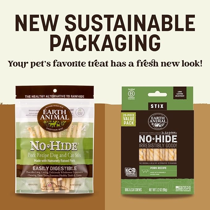 Earth Animal No-Hide Stix Pork Recipe Natural Rawhide Alternative Dog & Cat Chews - 40 Count Extra Value Pack