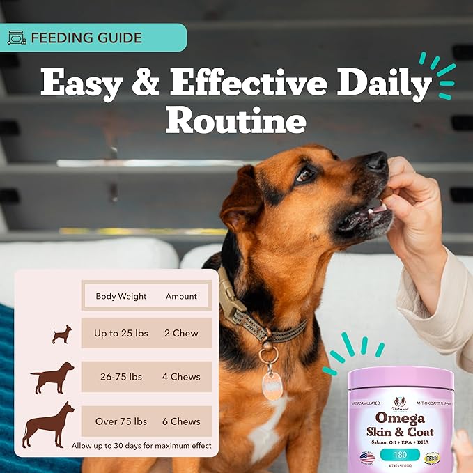 Natural Dog Company Omega Chews for Dogs Skin and Coat Support with Salmon Oil and Fatty Acids, Helps Itchy Skin, Dryness, Shedding, Supports Joints, Heart,Immune System & Overall Health (180 cnt)