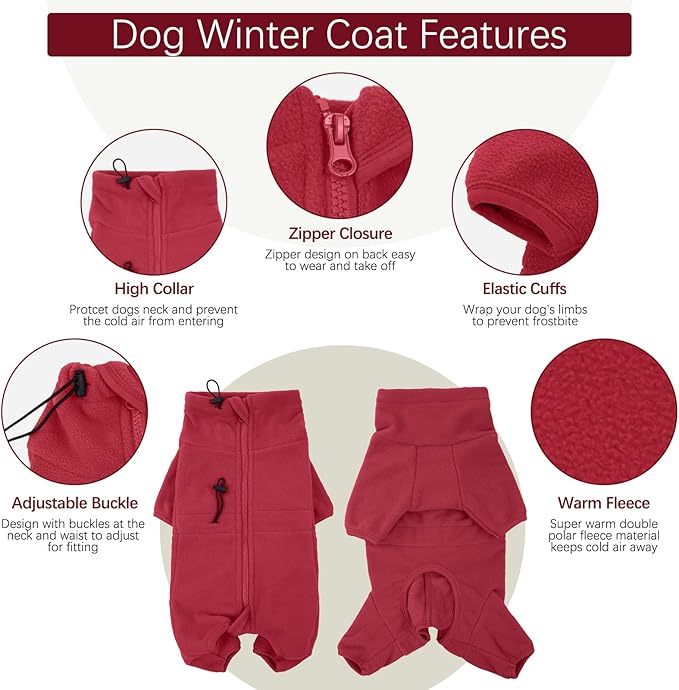 ROZKITCH Dog Winter Coat Soft Fleece Pullover Pajamas, Pet Windproof Warm Cold Weather Jacket Vest Cozy Jumpsuit Apparel Outfit Clothes for Small Medium Large Dog Walking Hiking Sleep Red L