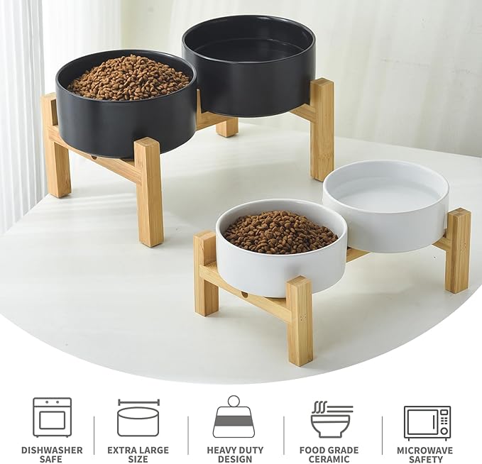 Ceramic Set of 2 Dog and Cat Bowls - Classic Food & Water Bowl for Kitty, Cats and Toy Breed Dogs, Weighted Dog Dishes, Food Grade Pet Bowl, Dishwasher & Microwave Safe (5.1'', 2*16OZ, White)