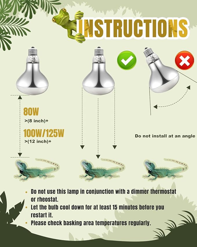 Heat Lamp Bulbs, 125 Watt Reptile Heat Bulb, Full Spectrum UVA UVB Light Bulb, Natural Daylight, Basking Spot, Sun Light for Reptile and Amphibian, Pack of 2