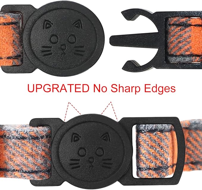 Joytale Upgraded Cat Collar with Bells, Breakaway Cat Collars with Bow Tie, 1 Pack Girl Boy Safety Plaid Kitten Collars, Orange