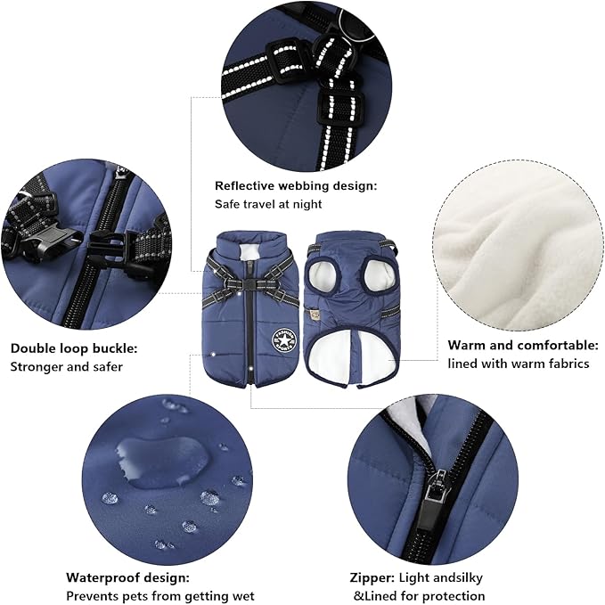 Aiboria Dog Jackets for Winter Windproof Waterproof 2 in 1 Outfit Cold Weather Coat Dog Vest Harness Puppy Winter Warm Jacket Small Blue S
