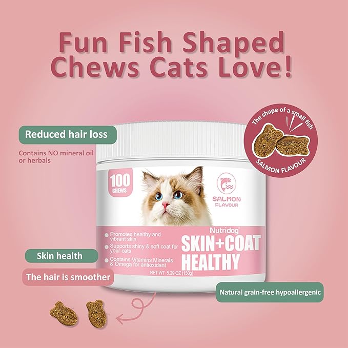 Skin & Coat Cat Chews - Omega 3, Vitamin E, Biotin Supplements for Healthy Skin, Glossy Coat & Anti - Shedding, Salmon Flavor 100ct Soft Chews (Salmon)