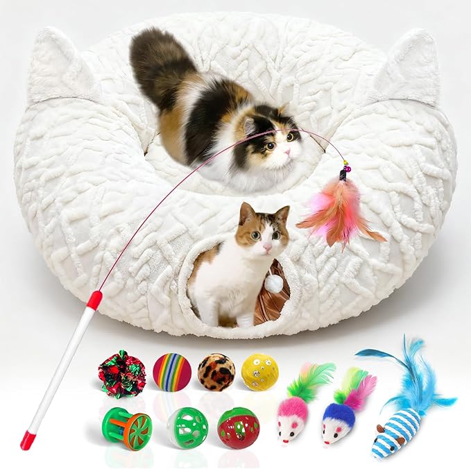 OurWarm Christmas Cat Tunnel Tree Skirt, Soft Plush Cat Donut Tunnel Bed with Washable Mat & 11 Pcs Interactive Toys, Peekaboo Cat Cave Under Christmas Tree for Indoor Cats Small Animals