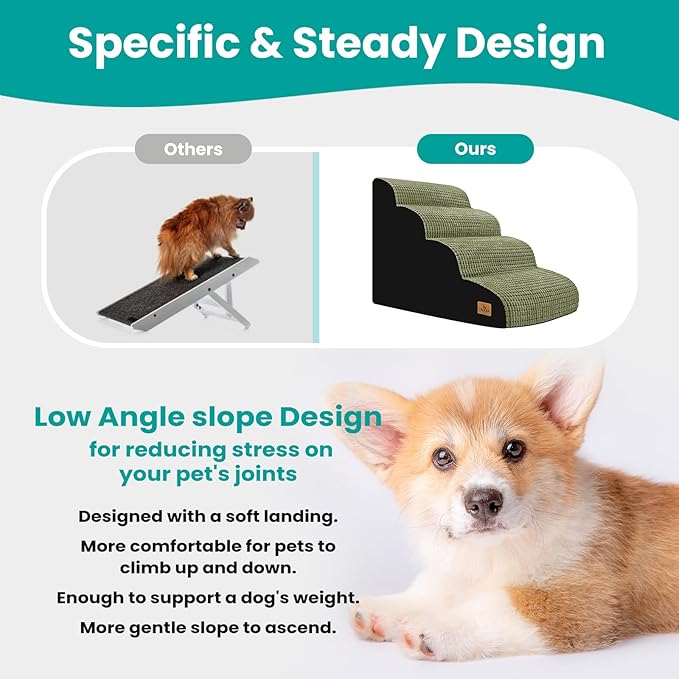 Dog Stairs for Small Dogs, 20.5 in H 4 Step Curved Dog Ramp for High Bed and Couch, Foam Dog Ramp with Durable Non-Slip Waterproof Fabric Cover, Pet Stairs for Pets Joints, Green