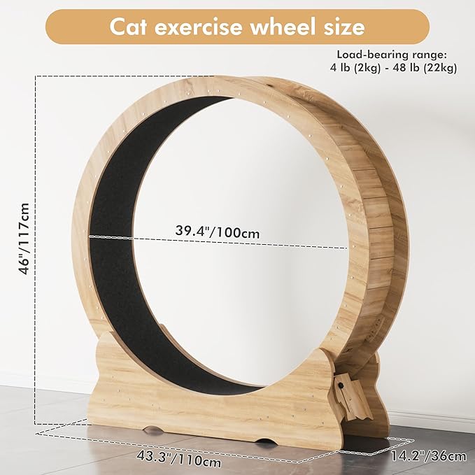 Cat Exercise Wheel, 43.3 inch Cat Wheel for Indoor Cats with Carpeted Runway, XL Treadmill with Removable Carpet and Teaser, for Running Walking Training (Natural Wood)