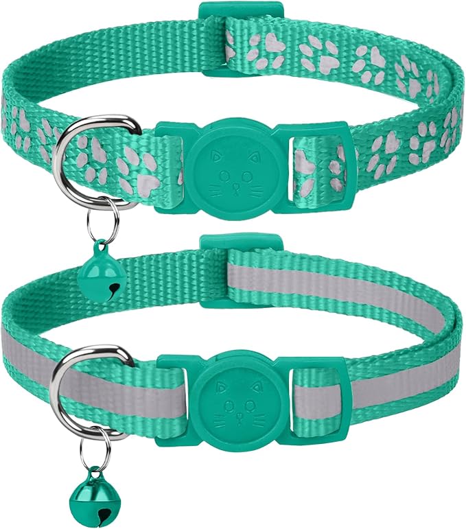 Taglory Reflective Cat Collar Breakaway with Bells, 2 Pack Girl Boy Pet Cat Collar Adjustable 7.5-12.5 Inch, Turquoise
