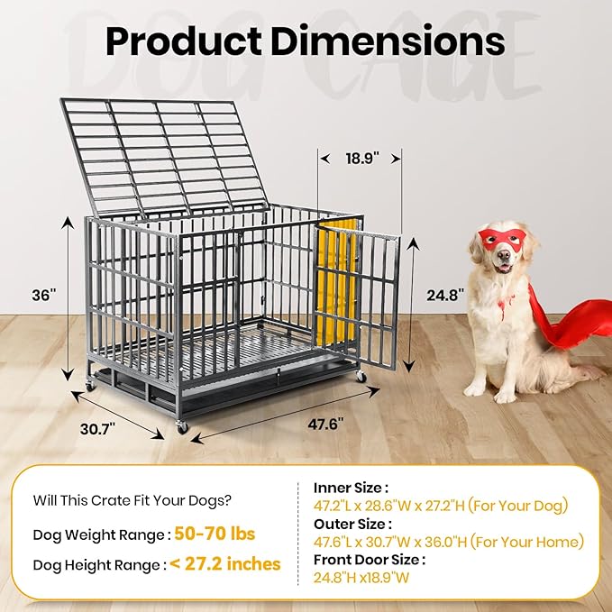 Oranland 48 inch Heavy Duty Indestructible Dog Crate,2025 New Upgraded Reinforced Baseplate for Large Dogs,XL Dog Crate for High Anxiety Dogs/Max Load Capacity 250lbs/Double Door with Wheels(Silver)