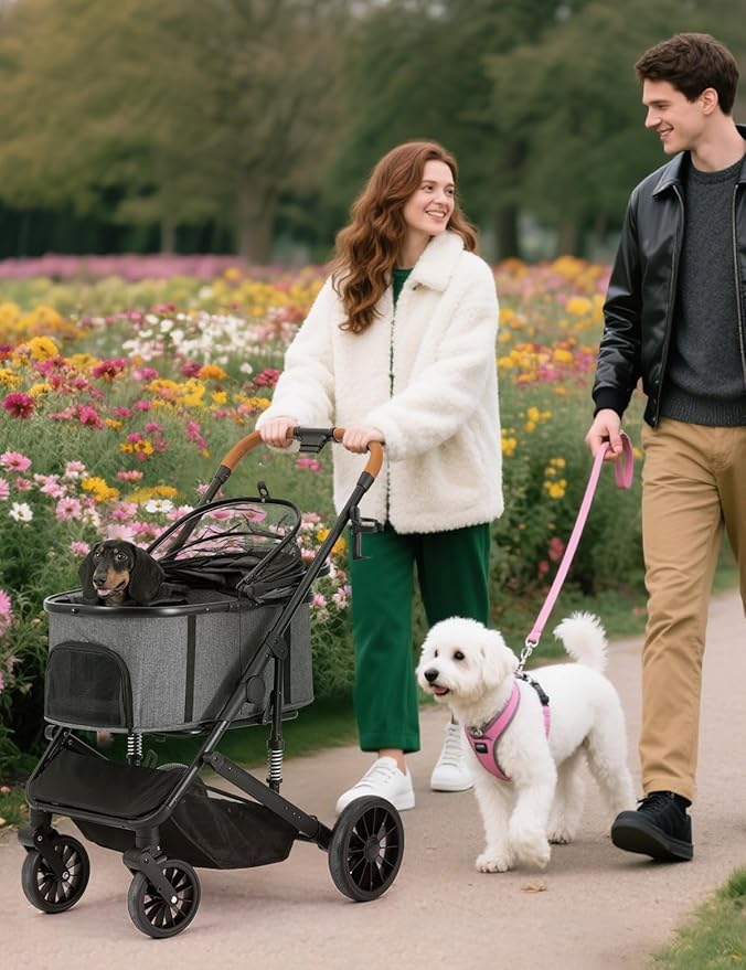Dog Stroller for Small/Medium Dogs Up to 60lbs, 4 Wheels Folding Pet Stroller with Detachable Carrier, Pet Travel Carrier for Puppy & Cats, Storage Basket, Breathable Mesh, Grey