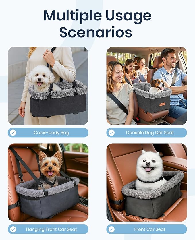 BurgeonNest Armrest Medium Sized Dog Car Seat - Portable Pet Booster Center Console Carseat Up to 15lbs, Safe Comfort Car Travel with Metal Frame, Pee Pad, Washable Fluffy Cushion and Interior, Grey