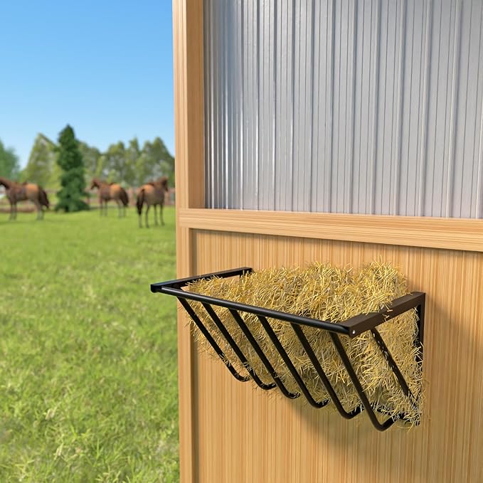 Goats Hay Feeder, 31.5'' Long, Heavy Duty Iron Wall Hay Rack, Blanket Holder, Large Capacity for Goats,Horses,Cattle and Other Livestock, Farm Indoor and Outdoor Use, Black