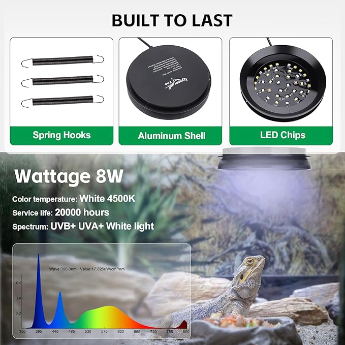 UVB Light for Reptiles with Dimming, LED UVB Light Bulb Fixture for Bearded Dragon Gecko Lizard Turtle Snake, Adjustable Brightness UVA UVB Lamp for Tropical & Desert Reptile Tank Accessories 8W Black