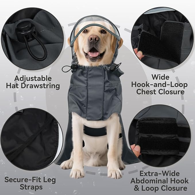 Dora Bridal Dog Raincoat for Large Dogs, Adjustable Clear Hooded Dog Rain Jacket, Waterproof Dogs Rain Coat Poncho with Reflective Strips for Labrador, Golden Retriever, German Shepherd, Grey,XL