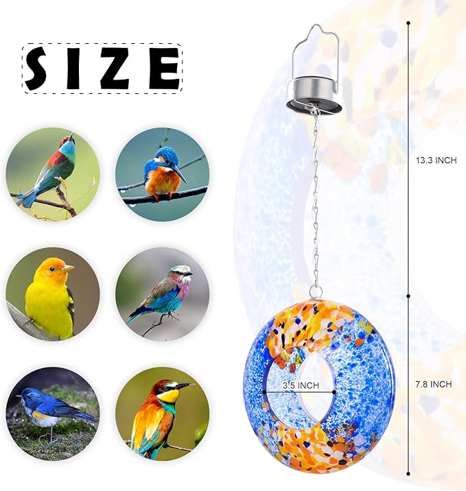 VCUTEKA Bird Feeder Solar Fly Through Bird Feeders for Outside Hanging with Round Shape Glass Container to Attract Wild Birds for Garden Decor, Solar Birdfeeder as Gift for Lovers, Multi 8-Inch