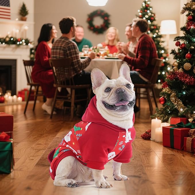 KOOLTAIL Christmas Dog Hoodie for Small Medium Large Dogs - Warm Clothes with Leash Hole, Soft Winter Pet Sweater Hat Hooded Sweatshirt, Clod Weather Coat Outfit for Puppy Cat Girls Boys Red Green, S