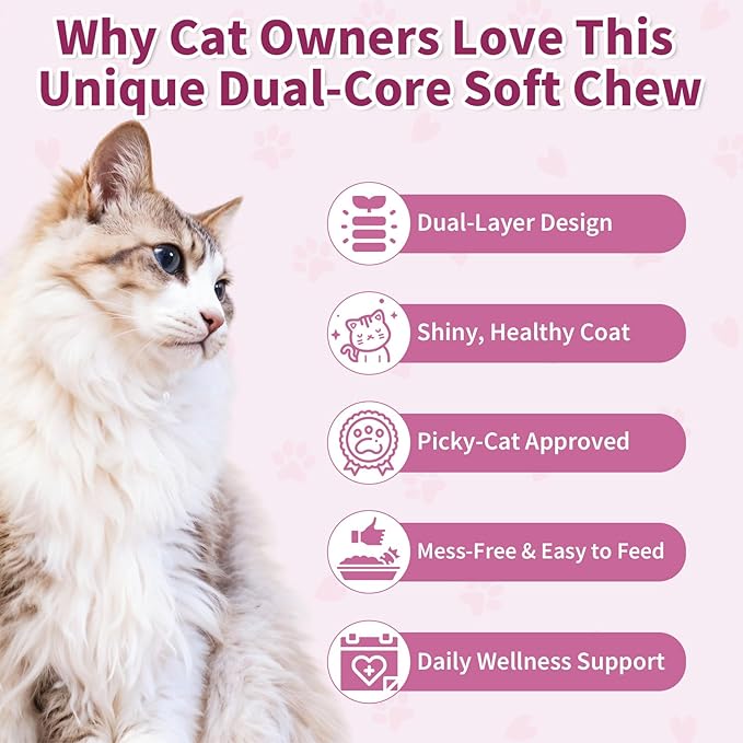 Natural Skin and Coat Support for Cats - Crunchy & Creamy Chews with Omega 3, Biotin & Vitamin E for Healthy Skin, Shiny Fur, Cat Supplements & Vitamins -Chicken(500 Chews