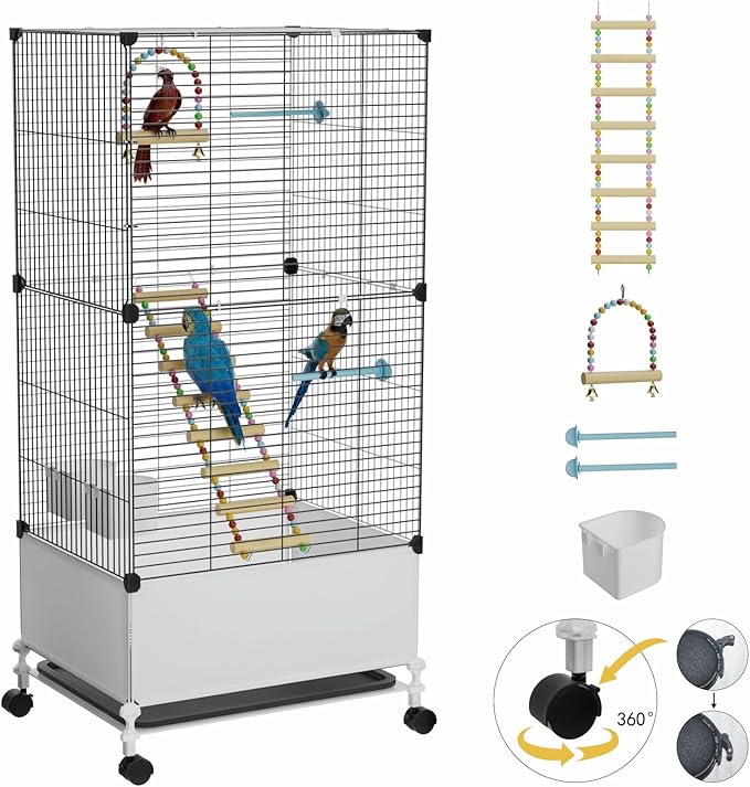 Big Flight Bird Cage, Black Parakeet Cages with Rolling Stand & Wheels, Wide Birdcage for Parrots Cockatiels Conure Budgie Canary Finch Lovebird