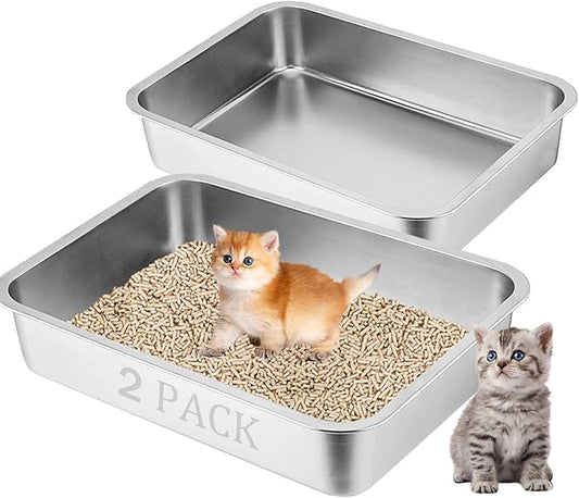 2 Pack Stainless Steel Litter Box for Kittens,15.7"×11.8"×2.8" Mini Metal Litter Pan Low Entry for Small Kitten and Senior Cat,Kitty Shallow Litterbox for Guinea Pig,Puppy,Hamsters Toilet