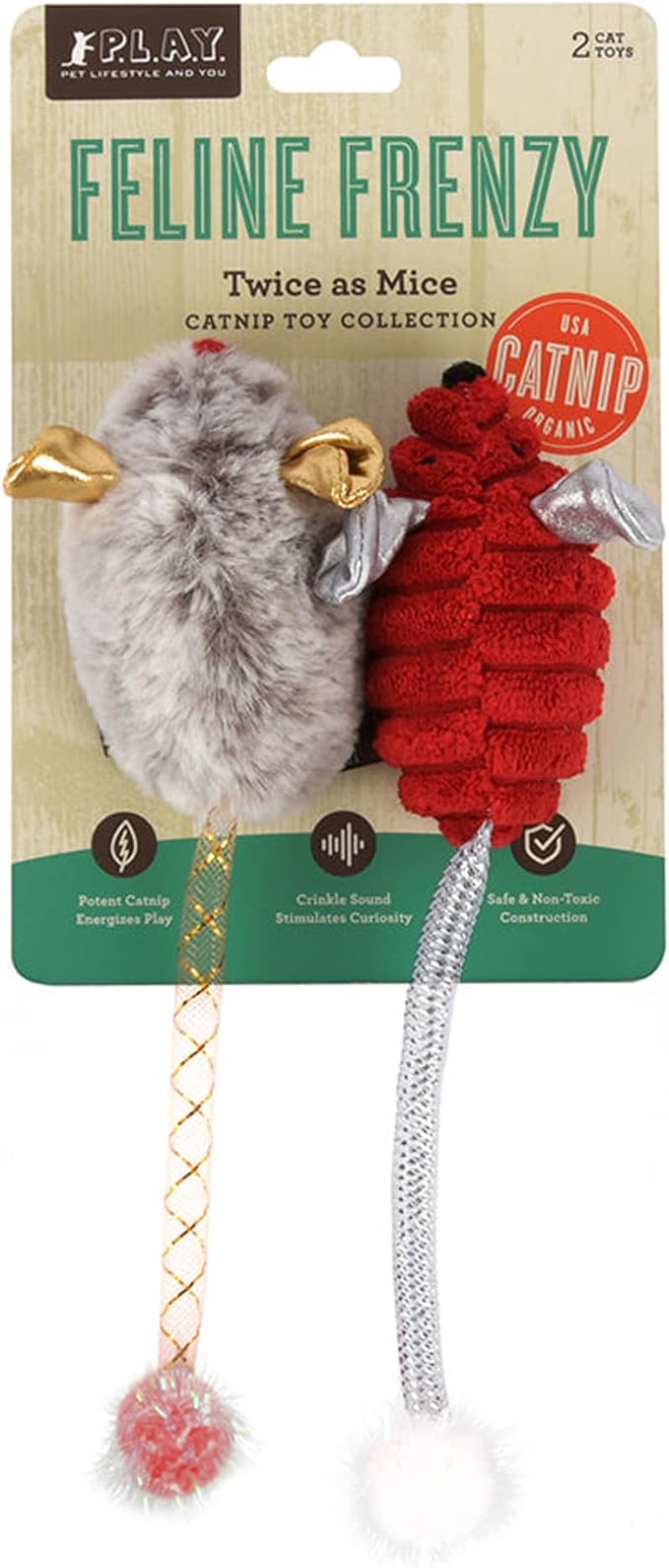 P.L.A.Y. Cute Plush Cat Toys - Feline Frenzy Animal Critter Themed Catnip Filled Toy, Great for Adult Cats and Kittens - Machine Washable, Recycled Materials, Crinkles (Twice as Mice, Set of 2)