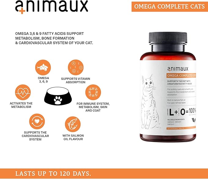 animaux - Omega Complete for Cats Fish Oil Tablets, Omega 3,6 & 9 Fatty acids to Support Metabolism, Bone Structure, Barf Supplement, Salmon Oil for Skin & Coat, 120 chewable Tablets, 120 Days Supply