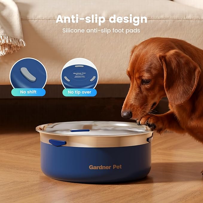 Gardner Pet Slow Water Bowl for Dogs, 2L/68oz Spill-Proof Pet Water Bowl with Floating Disk & Filter Screen, Stainless Steel No-Spill Water Dispenser for Small & Medium Pets