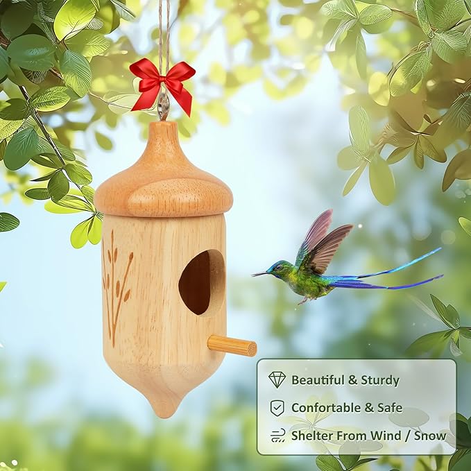 Hummingbird House, Wooden Hummingbird Houses for Outside Hanging, Humming Bird Nest Swinging, Wooden Bird Houses with Cotton, Bow, String, Gardening Gifts Decoration (3 Pack)