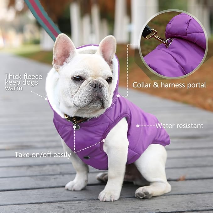 Fleece Hoodie for Dogs - Windproof Waterproof Coat, Winter Warm Jacket, Cold Weather Pet Apparel Clothes Vest for Small Medium Dogs (XS, Purple)