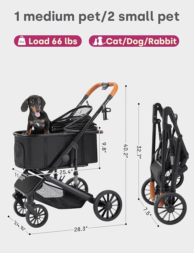 Dog Stroller for Small/Medium Dogs Up to 60lbs, 4 Wheels Folding Pet Stroller with Detachable Carrier, Pet Travel Carrier for Puppy & Cats, Storage Basket, Breathable Mesh, Black