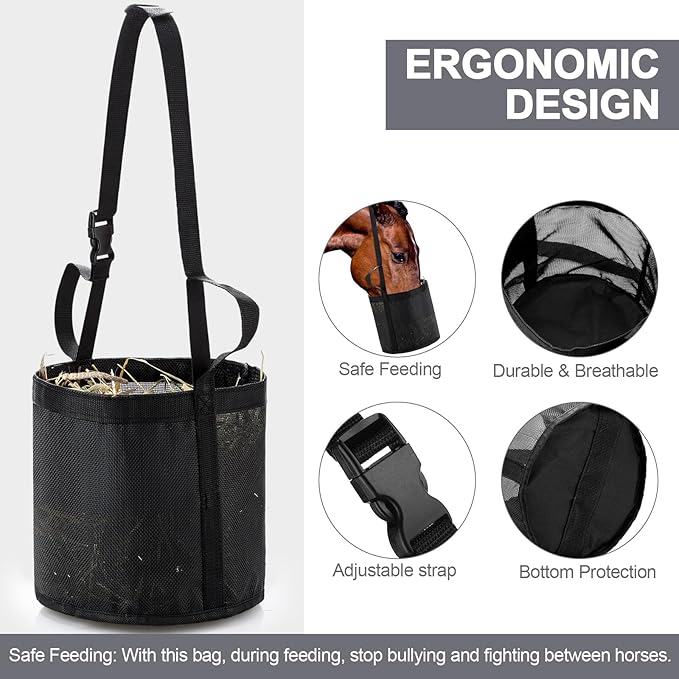 2 Pcs Horse Feed Bags for Grain Mesh Grain Feeder Bucket with Adjustable Strap and Waterproof Bottom for Feeding Fodder Powder Supplements(Black and Gray)