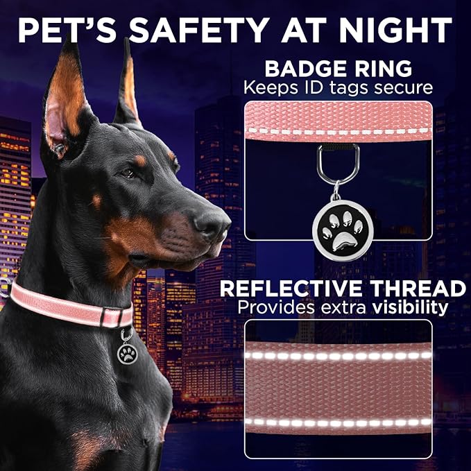 TECEUM Reflective Dog Collar β Pink β XXS β Extra Soft Padding β Basic Nylon Pet Collar β Quick Release Buckle β Fits Small, Medium and Large Dogs, Puppies, Cats β ESA & Service Dog Options
