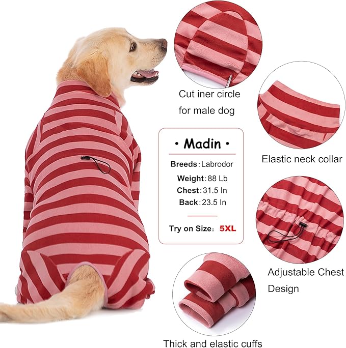 Dog Coats Autumn Winter Jumpsuit for Large Medium Dogs, Warmer Recovery Suit Polar Fleece Dog Bodysuit Lightweight Pajamas Pullover Stretchy Onesie Four-Legged Cold Weather Clothes (2XL, Xmas)