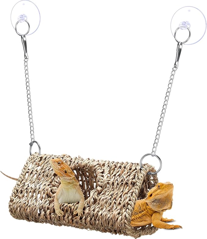 Reptile Hide Cave Hollow Cave Hideout with 2 Pcs Suction Cup and Chains Gecko Hide Reptile Tank Decor Seagrass Fiber Climbing Toys for Lizard Snakes Hermit Crabs (Triangle)