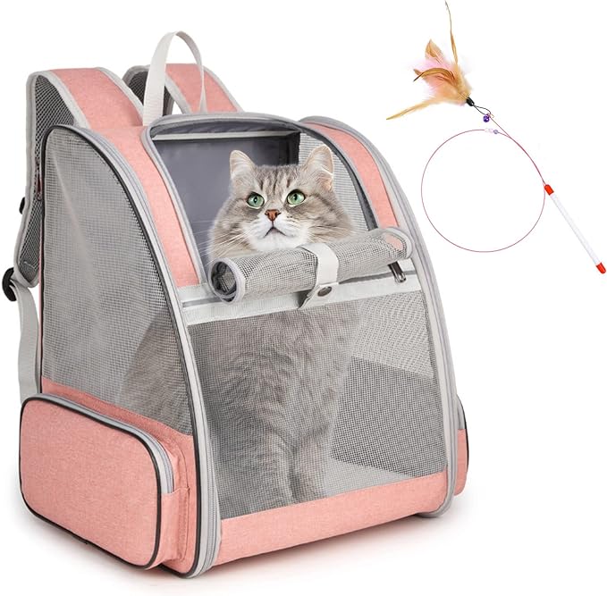Cat Backpack Carrier, Large Pet Backpack with Kitten Wand Feather Toy for Medium Small Dog Cat Puppy Kitty Bunny up to 15lbs, Ventilated Mesh Dog Travel Carrier for Hiking Walking Outdoor Use (Pink)