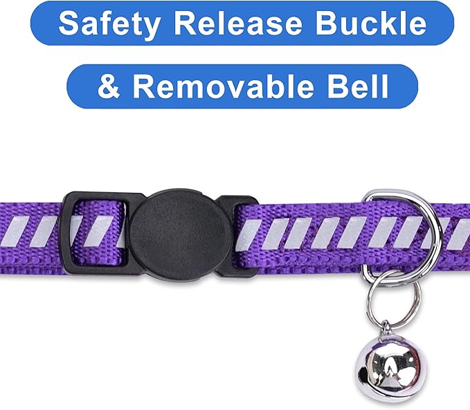 Pawtitas Personalized Cat Collar with Safety Buckle and Removable Bell Cat Collar with Name Phone Number Kitten Adjustable Collar Customized Cat Collar | Purple Reflective Collar for Cats