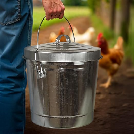 Plexon 6 Gallon Small Metal Trash Can with Lid Outdoor Galvanized Metal Bucket with Locking Lid for Poultry Feed Bird Seed Storage Ash Garbage Trash Bin