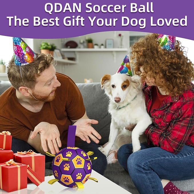 QDAN Dog Ropes Toys, Soccer Ball with Straps, Dogs Water Toy, Durable Dog Balls for Small Medium Breed(6 Inch)