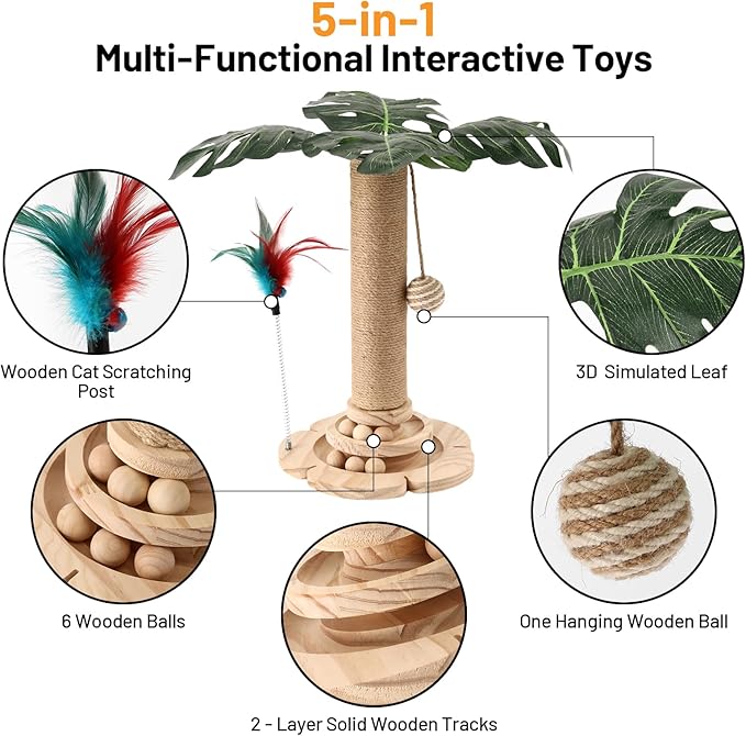 Cat Scratching Post for Indoor Cat Sisal Kitten Scratching Post with 3D Leaves,Hanging Ball,Wooden 2 Level Track,Interactive Toy