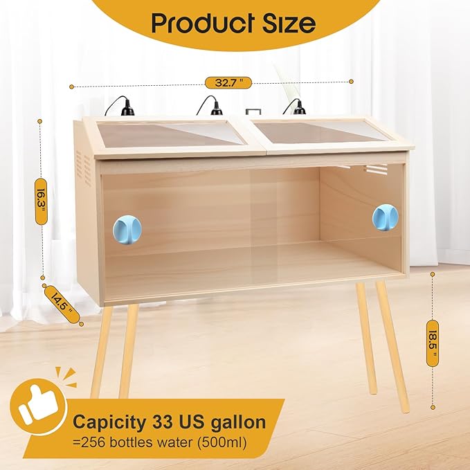 Reptile Terrarium with Stand & Ventilation - 33 Gallon Bearded Dragon Tank, Wood & Acrylic Enclosure, Reptile Tank Includes Waterproof Liner & Screwdriver (32.7" L x 14.5" W x 16.3" H)